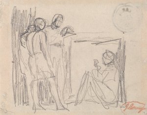 Kolme seisovaa hahmoa ennen istuvaa hahmoa tekijältä George Romney