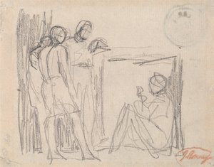 Kolme seisovaa hahmoa istuvan hahmon edessä tekijältä George Romney