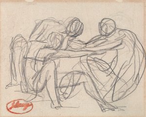 Kaksi polvistuvaa hahmoa kamppailee istuvan hahmon kanssa. tekijältä George Romney