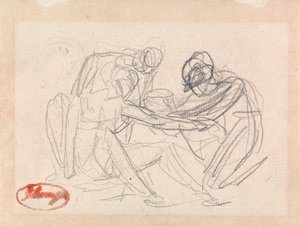 Kaksi polvistuvaa hahmoa istuvan hahmon edessä tekijältä George Romney