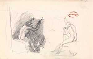 Kaksi luonnosta istuvasta miesalastajasta, takanäkymä tekijältä George Romney