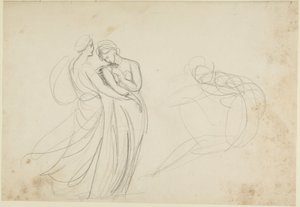 Kaksi naishahmoa istuvan hahmon edessä, luonnos teokseen ”Kaksi neitoa ennustajan luona” tekijältä George Romney