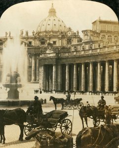 Kärryt suihkulähteen luona Pyhän Pietarin aukiolla, Roomassa, Italiassa, vuodelta 1909.