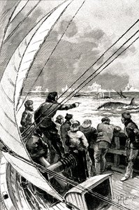 Merellä napaa kohti: laivan (purjeveneen) miehistö näkee ryhmän valaita. Kuvitus Jules Vernen (1828-1905) romaanista "" Jääsfinksi "" tekijältä George Roux