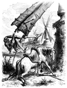 Taistelu tehtaita vastaan: Don Quijote ja Rossinante heitetään maahan myllyn siivellä. tekijältä George Roux