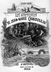 Jules Vernen romaanin "Les histoires de Jean-Marie Cabidoulin" (1901) etusivun kuvitus, Hetzel Collection/Extraordiaires, kuvittaja George Roux. "Merikohtausten mieleen palauttaminen: valaan harppuunan ampuminen, merikäärmeen hyökkäys laivaa vastaan." tekijältä George Roux