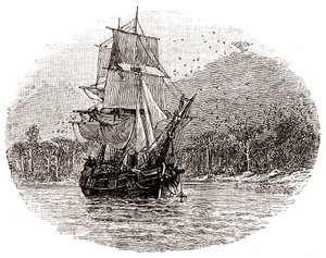 Hispaniola ankkuroituu saaren edustalla. tekijältä George Roux