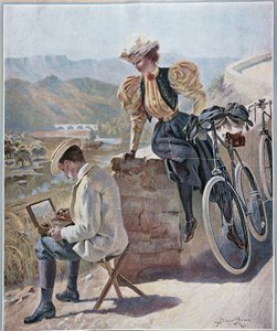 Akvarelli ja pyöräily - litografia Georges Roux, v.1900