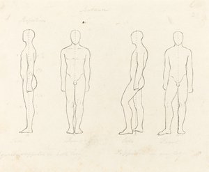 Liikkeen laajuus, näkymä edestä ja sivulta tasapainossa, tuettu yhdellä jalalla tekijältä George Scharf after John Flaxman