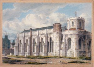 Näkymä temppelikirkolle hautausmaan toiselta puolelta, Lontoon kaupunki, 1811 tekijältä George Shepherd