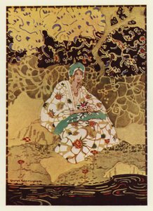 Erittäin kaunis tyttö istuu virran rannalla (väri litho)