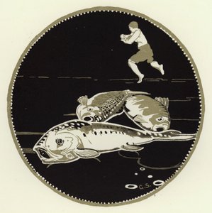Hän näki neljä suurta kalaa makaamassa jäällä (väri litho) tekijältä George Sheringham