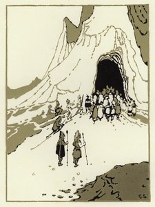 Ihmiset lähtivät etsimään jättiläisiä, ja pian he saapuivat luolaansa (väri litho) tekijältä George Sheringham