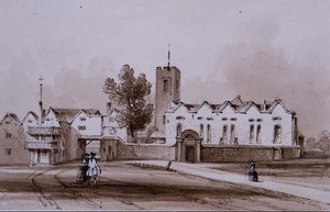 Highgate School and Chapel, n. 1840 (pesupiirustus seepiamusteella)
