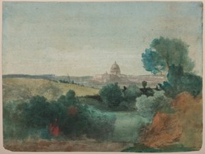 Saint Peters nähtynä Campagnasta, n. 1850 (wc kynällä paperilla) tekijältä George Snr. Inness