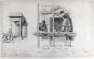 Porticojen pystyttäminen Newham Streetille ja Middlesexin sairaalaan Lontoossa, 1833 ja 1840 tekijältä George Snr Scharf