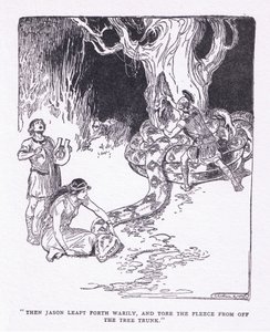 Sitten Jason hyppäsi ulos väsyneenä ja repäisi fleecen puunrungosta George Allenin ja Unwinin 1929 julkaisemasta The Heroesista (litho) tekijältä George Soper