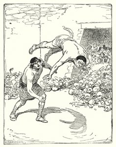 Theseus: "Theseus nosti hänet olkapäänsä yli maahan" (litho) tekijältä George Soper