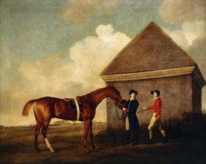 "Eclipse", tumma kastanjakilpahevonen, jota pitelee sulhanen ja jockey, mahdollisesti Jack Oakley, Rubbing Down Housessa Newmarketissa, 1770 tekijältä George Stubbs