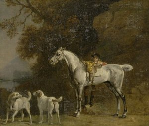 Metsästäjä harmaalla metsästäjällä ja kahdella kettukoiralla: yksityiskohtia Goodwoodin "Hunting" -kuvasta tekijältä George Stubbs