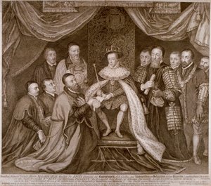 Edward VI allekirjoittaa peruskirjan Bridewellin antamisesta Lontoon Citylle työtaloksi, 1552 1750 tekijältä George Vertue