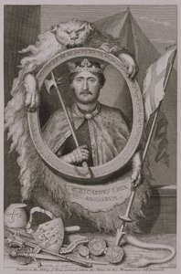 Richard I "Coeur de Lion" (1157-99) Englannin kuningas vuodelta 1189, hänen Fontevraultin muistomerkkinsä kuvasta, taiteilijan kaivertama (kaiverrus) tekijältä George Vertue