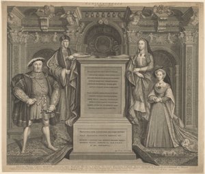 Henrik VII ja Henrik VIII:n perhe Whitehallin palatsissa tekijältä George Vertue after Hans Holbein the Younger