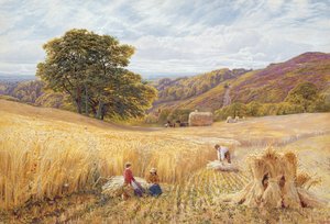 Sadonkorjuuaika lähellä Holmbury Hilliä, Surrey, 1865 (wc ja vartaloväri paperilla)