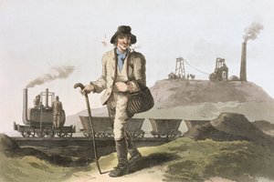 Blenkinsop-veturi Middletonin tehtaalla lähellä Leedsiä, Robert Havellin (1769-1832) kaiverruksesta "Yorkshiren puku" 1814
