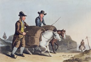 Kankaanvalmistajat vievät kangasta markkinoille Robert Havellin (1769-1832) kaivertamasta "Yorkshiren asusta" 1814