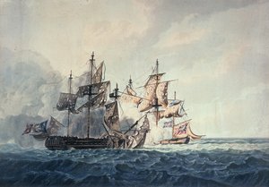Hänen Majesteettinsa Sloopin Bonne Citoyennen ja ranskalaisen fregatin La Furieusen välinen toiminta Länsisaarilla 6. heinäkuuta 1809, R und D Havellin kaivertama, julkaissut Robert Cribb vuonna 1810