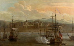 Maalaus Fort St Georgesta Madrasissa, Intiassa. Vuonna 1731. Sotilaslinnoitus ja satama laivoineen. Laivan kanuuna ammutaan. Savu. Taistelu. tekijältä George and Scott Samuel (1710 72) Lambert