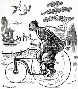 Sarjakuva, joka kuvaa kiinalaista miestä ajamassa kolmipyörällä puiston läpi Kiinassa. Kuvitettu George du Maurier (1834-1896) ranskalais-brittiläinen sarjakuvapiirtäjä ja kirjailija