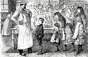 Sarjakuva, jossa kokki ottaa tilauksia talon lapsilta. Kuvittanut George du Maurier (1834-1896), ranskalais-brittiläinen sarjakuvapiirtäjä ja kirjailija tekijältä George du Maurier