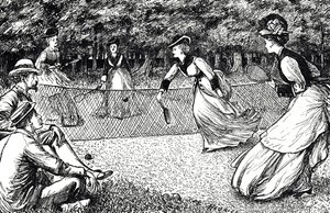 Sarjakuva, joka kuvaa nurmikon tennistä tekijältä George du Maurier
