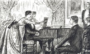 Sarjakuva, joka kuvaa musiikki-iltaa kotona tekijältä George du Maurier