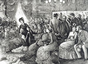 Sarjakuva, joka kuvaa tyypillistä salin konserttia tekijältä George du Maurier