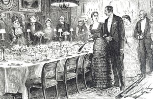 Sarjakuva "Going into Dinner" kuvaa nuorta paria saapumassa ruokasaliin tekijältä George du Maurier