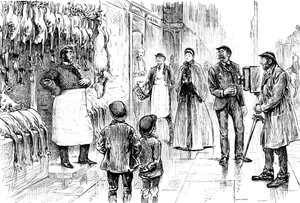 Kaiverrus, joka kuvaa teurastajaa ja siipikarjaa, jota George du Maurier valokuvasi joulunäytöstään. George du Maurier (1834-1896) oli ranskalais-brittiläinen sarjakuvapiirtäjä ja kirjailija. Päivämäärä 1800-luvulta ©UIG/Leemage tekijältä George du Maurier
