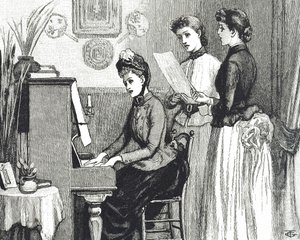 Kaiverrus, joka kuvaa nuoria naisia laulamassa olohuoneessa tekijältä George du Maurier