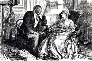Georges du Maurierin sarjakuva, joka kuvaa miehen ja naisen keskustelua kalanmaksaöljyn rauhoittavista eduista. Englanti 1869 tekijältä George du Maurier