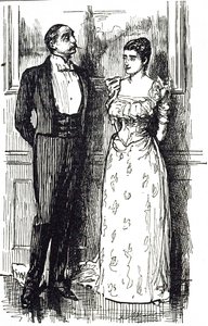 Georges du Maurierin sarjakuva, joka kuvaa miehen ja naisen keskustelua seuratapahtumassa, Englannissa 1891 tekijältä George du Maurier