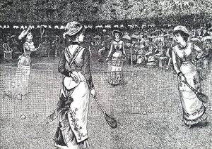 Naiset pelaamassa nurmikon tennistä. tekijältä George du Maurier