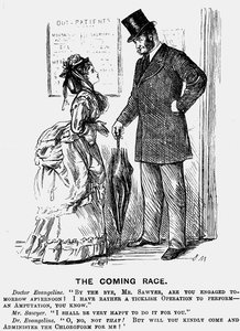 Tuleva kilpailu. Tulevaisuuden kirurgi. George du Maurierin sarjakuva Punch Londonista 14. syyskuuta 1872, jossa näkyy holhoava asenne, jota lääkintäalan naiset voisivat odottaa mieskollegoilta. Kaiverrus. tekijältä George du Maurier
