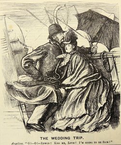 Häämatka: häämatkapari kärsii merisairaudesta ylittäessään Englannin kanaalin. George du Maurier sarjakuva "Punch", Lontoo tekijältä George du Maurier