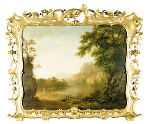 Italialainen metsäinen jokimaisema, jossa on hahmoja etualalla ja kylä takana, 1755