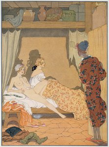 Makuuhuonekohtaus, kuvitus Pierre Choderlos de Laclosin (1741-1803) Les Liaisons Dangereuses -teoksesta, julkaistu 1920-luvulla (pochoor print)