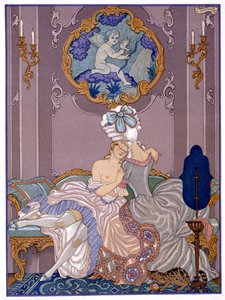 Makuuhuonekohtaus Pierre Choderlos de Laclosin (1741-1803) Les Liaisons Dangereuses -teoksesta, julkaistu 1920-luvulla (pochoor print)