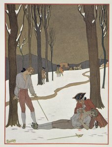 Valmontin ja Dancenyn kaksintaistelu, kuvitus Pierre Chodlerlos de Laclosin (1741-1803) "Les Liaisons Dangereuses" -teoksesta, julkaistu 1920-luvulla (pochoor print)