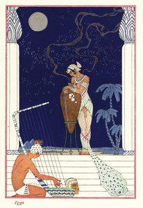 Kuningatar seisoo haisevan poltetun tuoksun, muinainen Egypti1928 (printti) tekijältä Georges Barbier